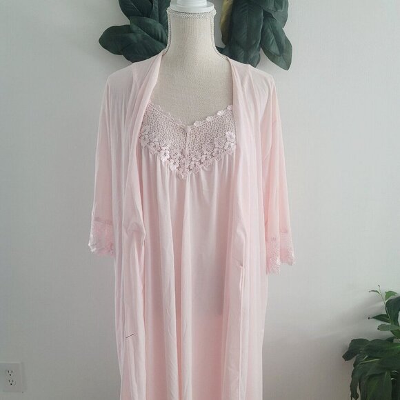 Shadowline Vintage Nylon Peignoir Pink Long Lace Sleevless Night Gown Robe Set S - Picture 6 of 16